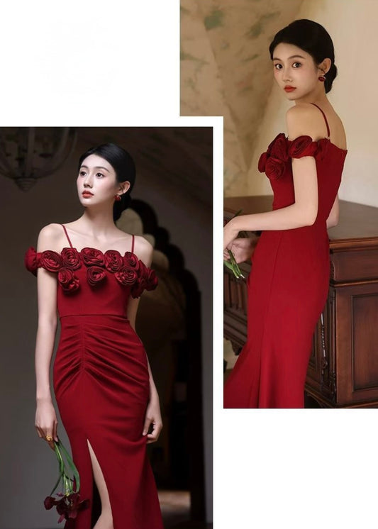 Long Bodycon Dress with Rose Neckline
