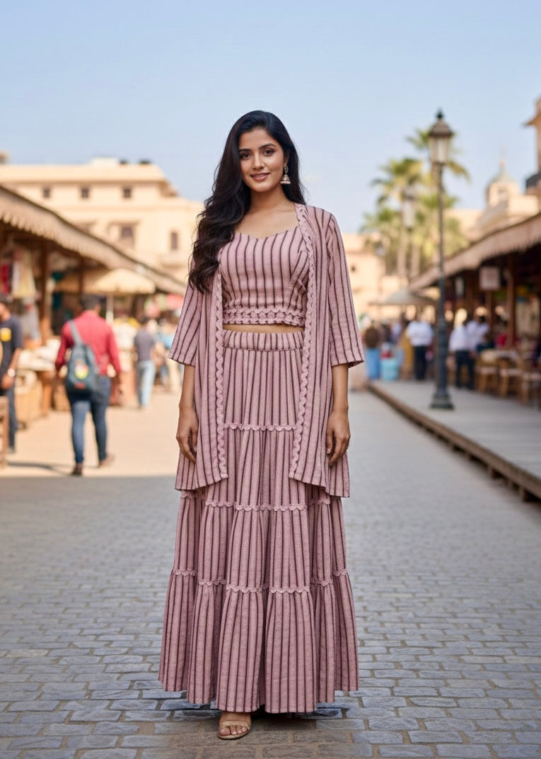 3 Pc Set - Crop Top, Layered Skirt with Shrug