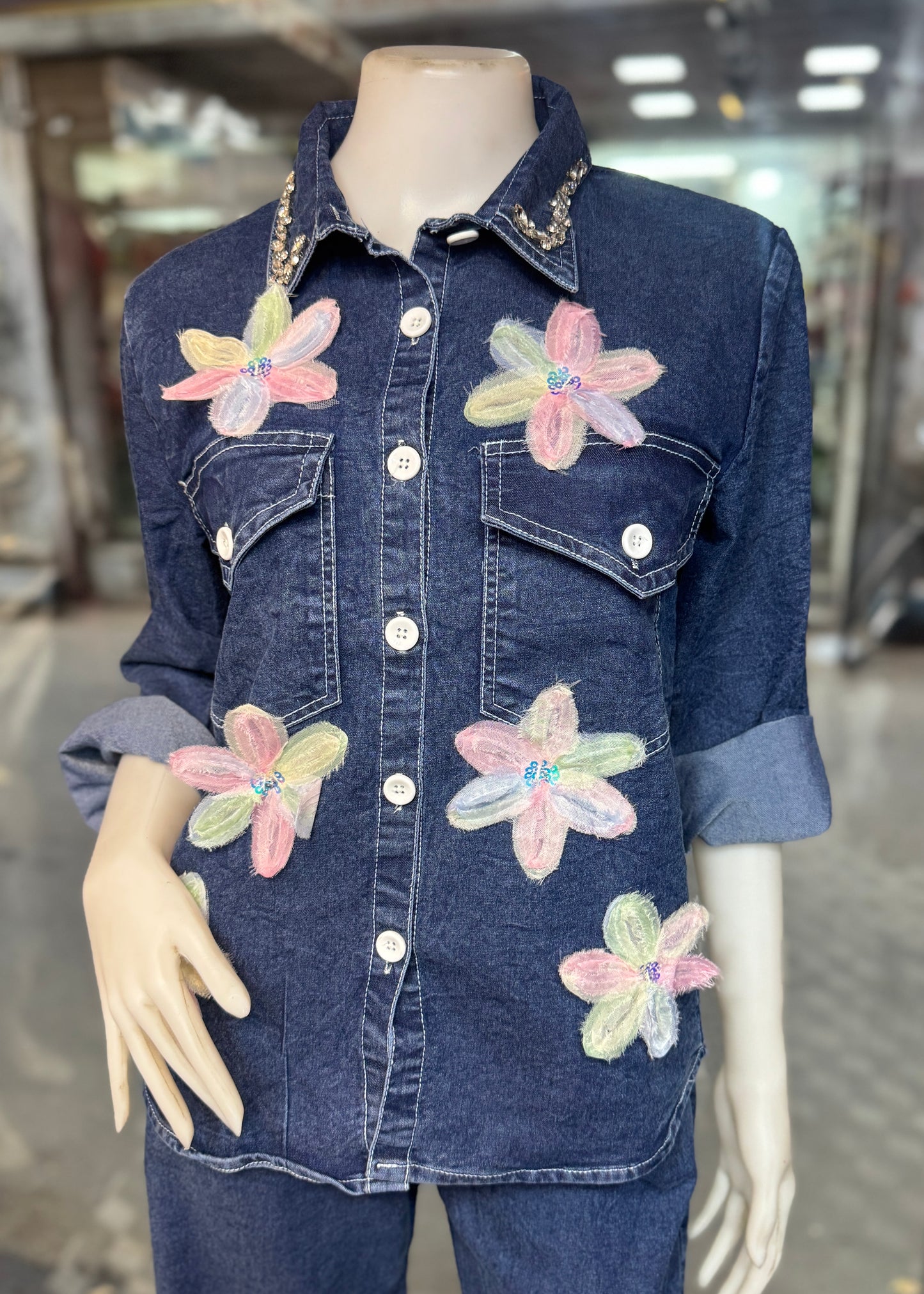 2 Pc Set - Embrllished Denim Shirt with Pant