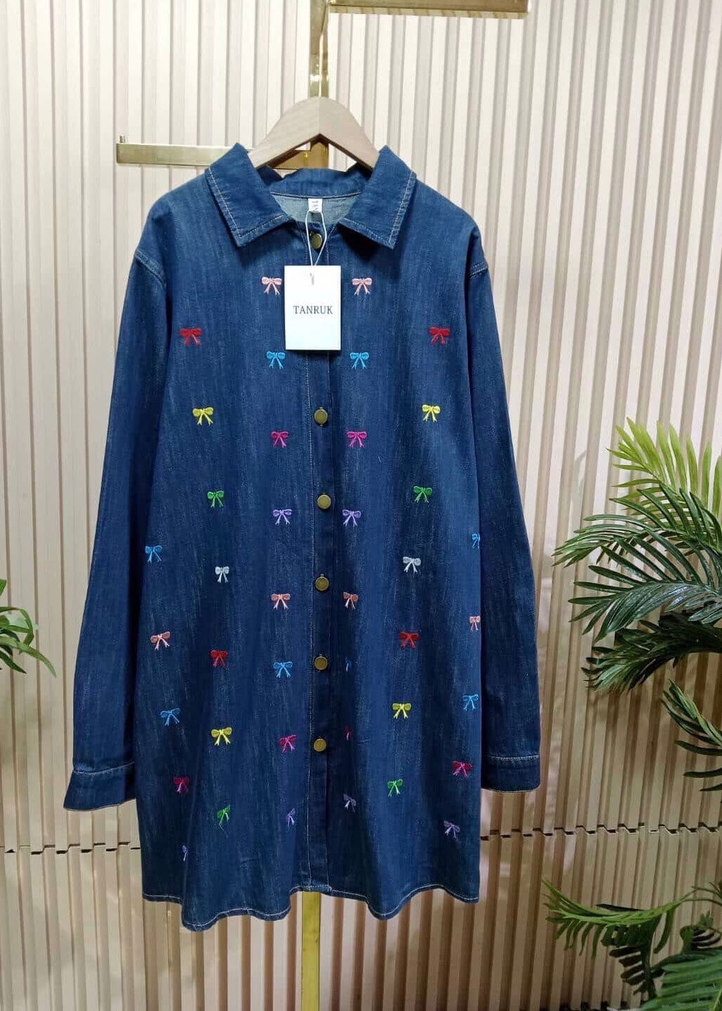 Denim Dress with Bow Embroidery