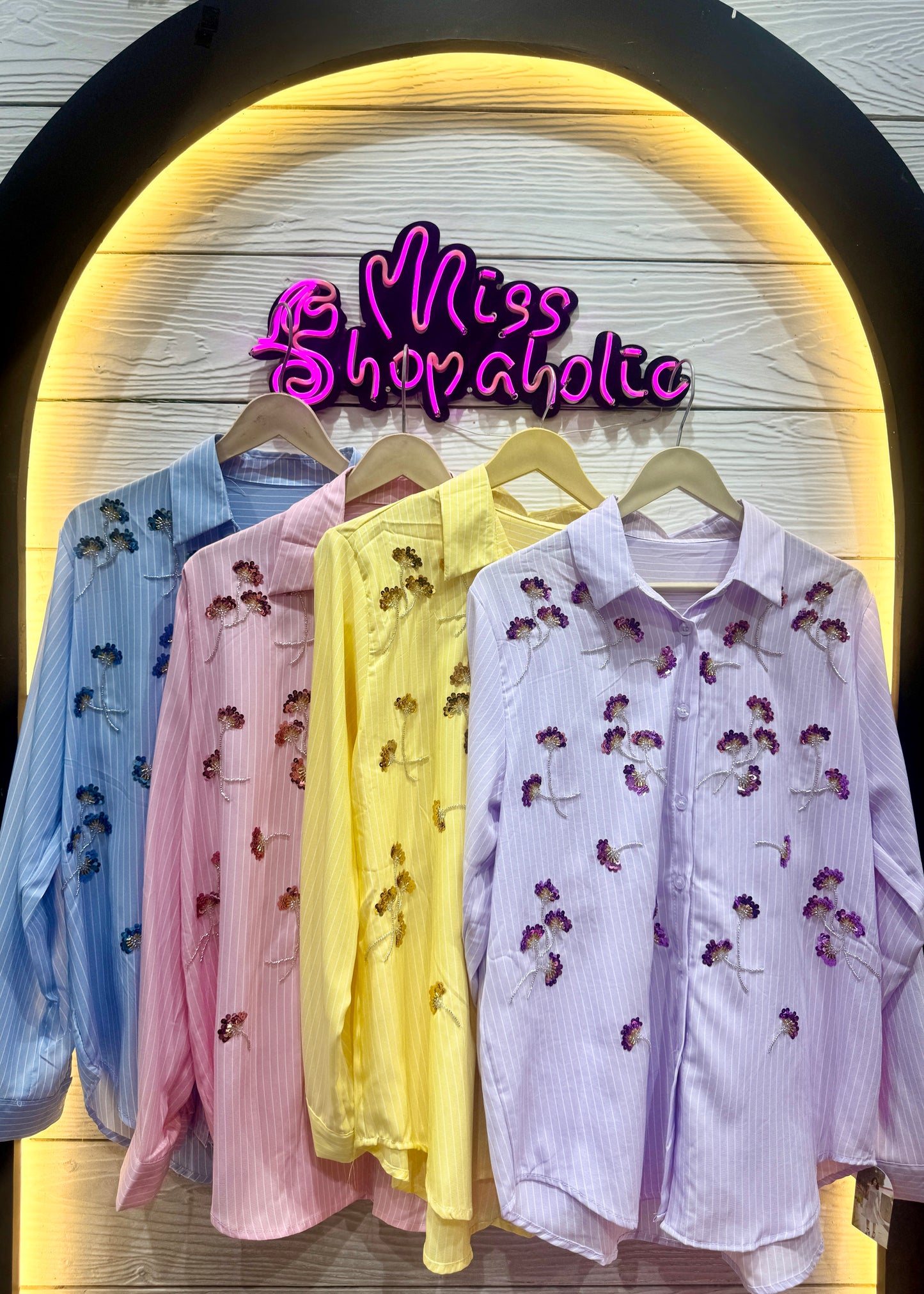 Pinstriped Shirt with Sequin Floral Embroidery