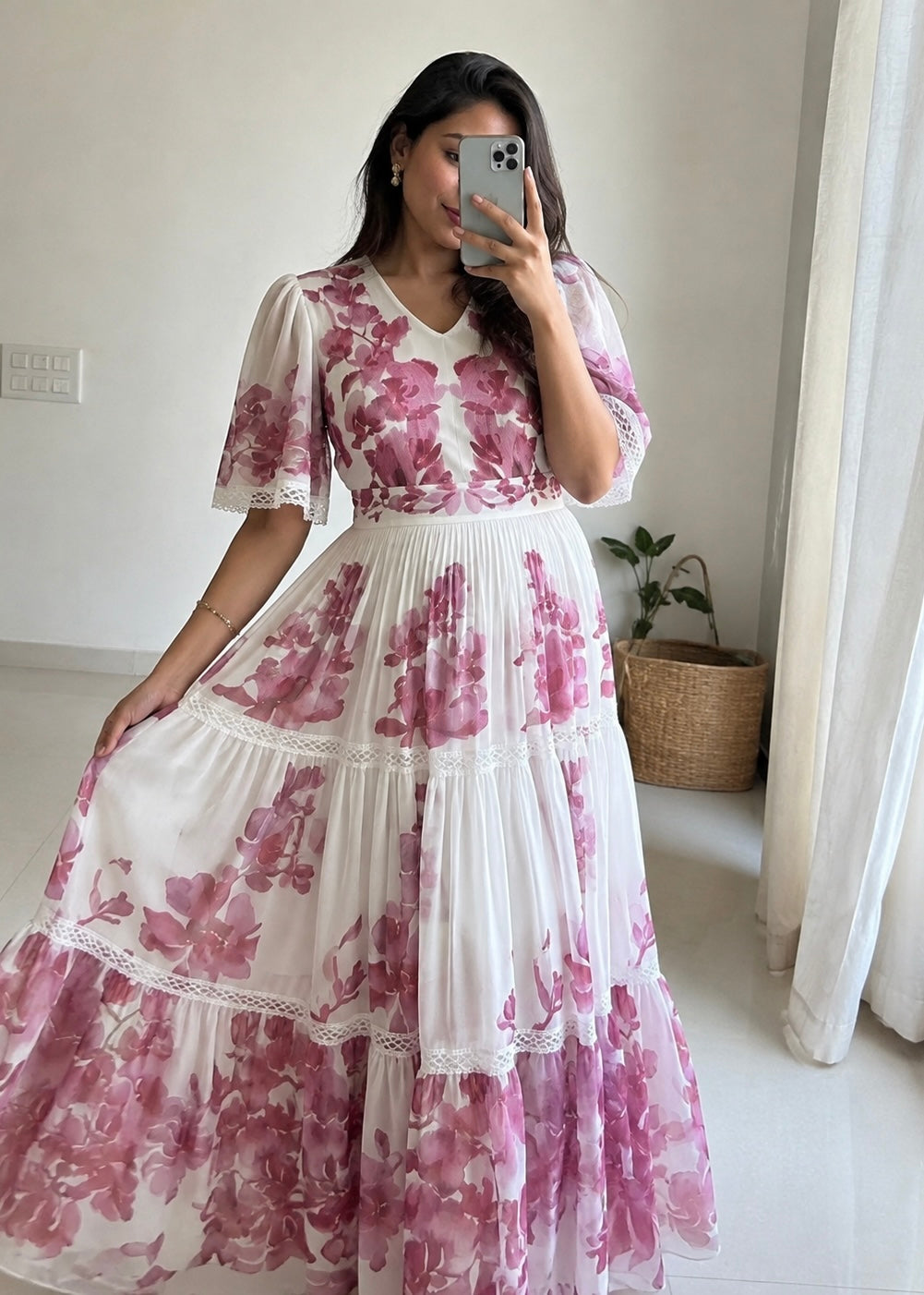 White & Pink Floral Tiered Maxi Dress