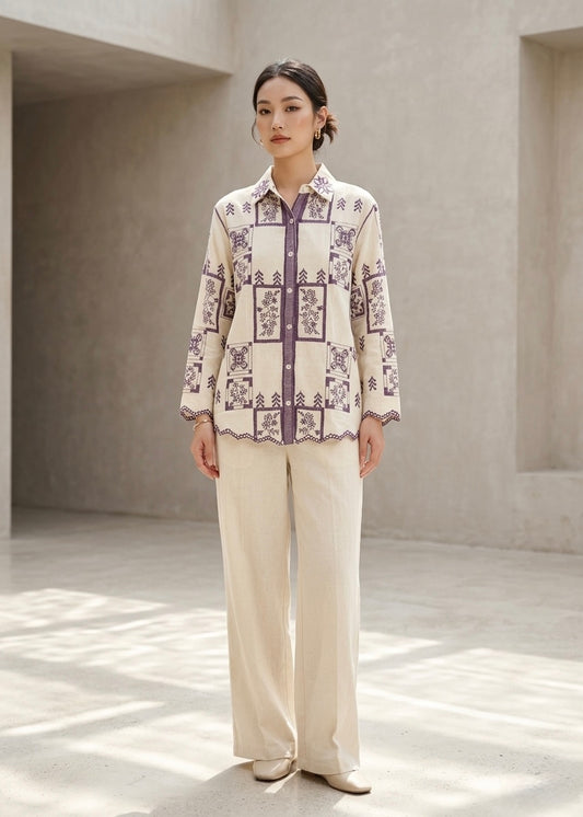 2Pc Set - Cotton Linen Embroidered Shirt with Pant