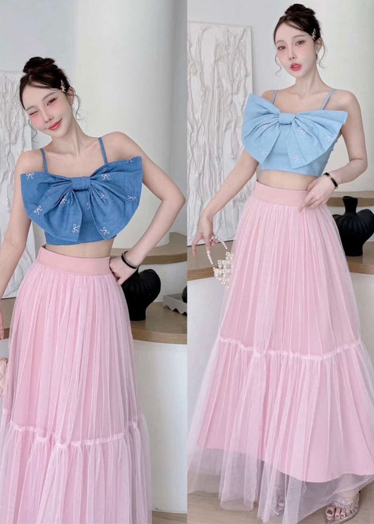2 Pc Set - Bow Top & Flare Skirt