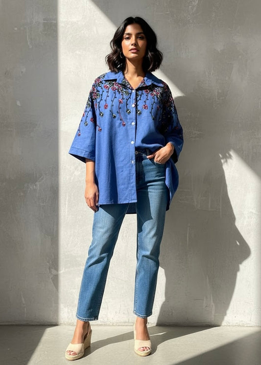 Light Denim Shirt with Floral Embroidery