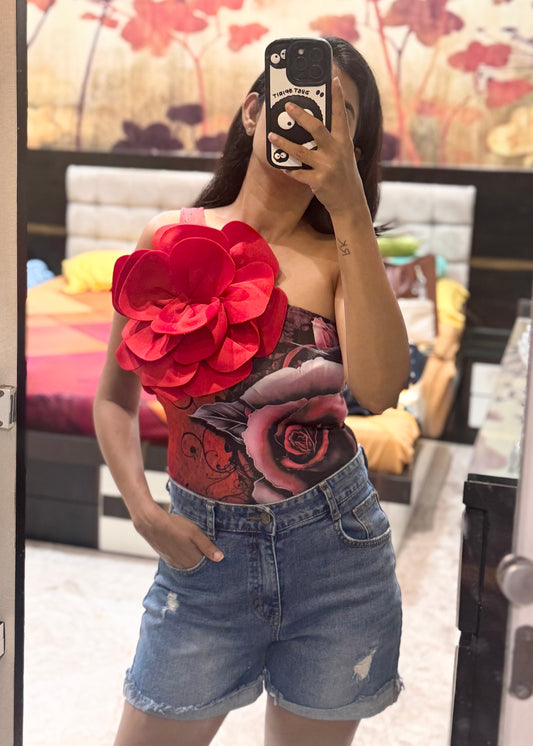 One Shoulder Printed Bodysuit Top with Flower