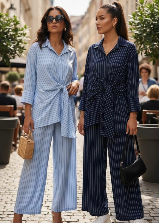 2 Pc Set - Striped Front Knot Shirt & Pant set.