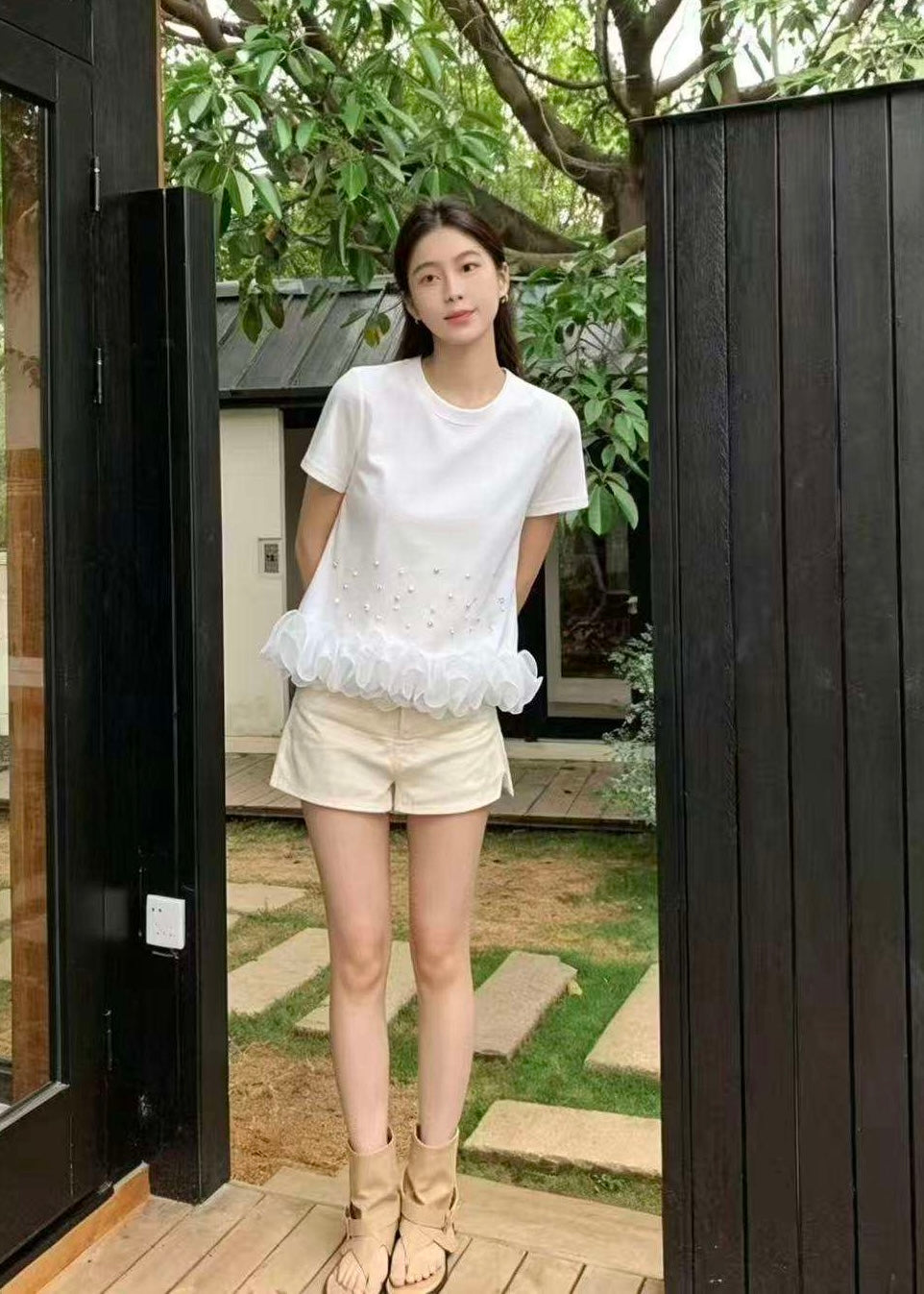 Pearl Embellished Top with Ruffle Hem