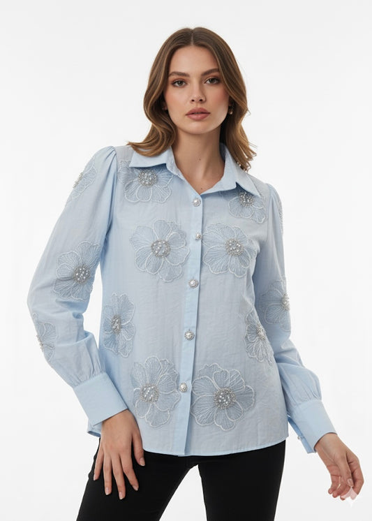 Partywear Shirt with 3D Flowers and Stones