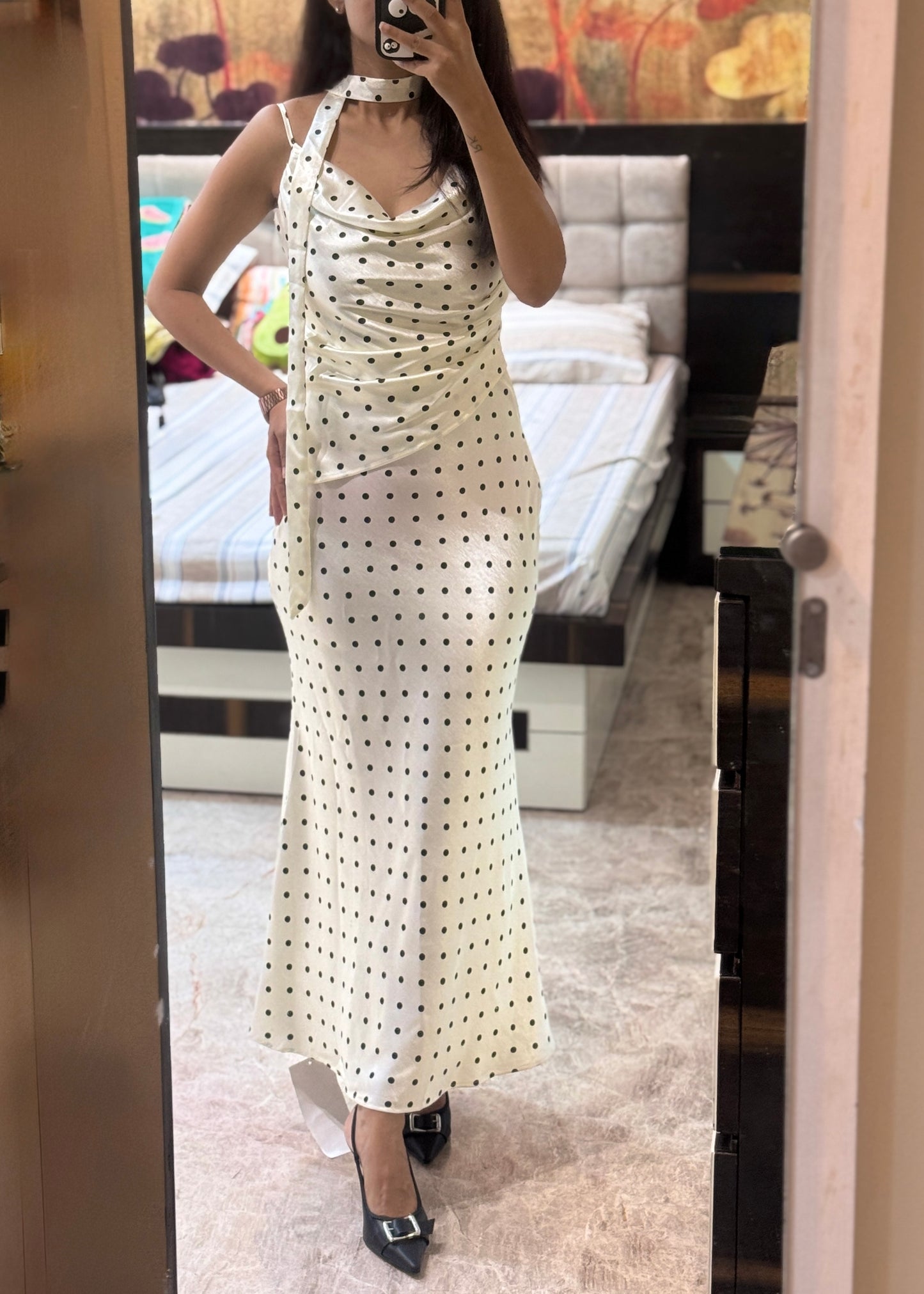 Polka Dot Printed Bodycon Satin Dress