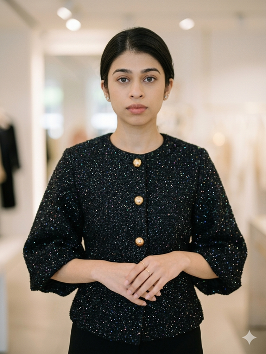 Shimmer Blazer Top with Puffy Sleeves
