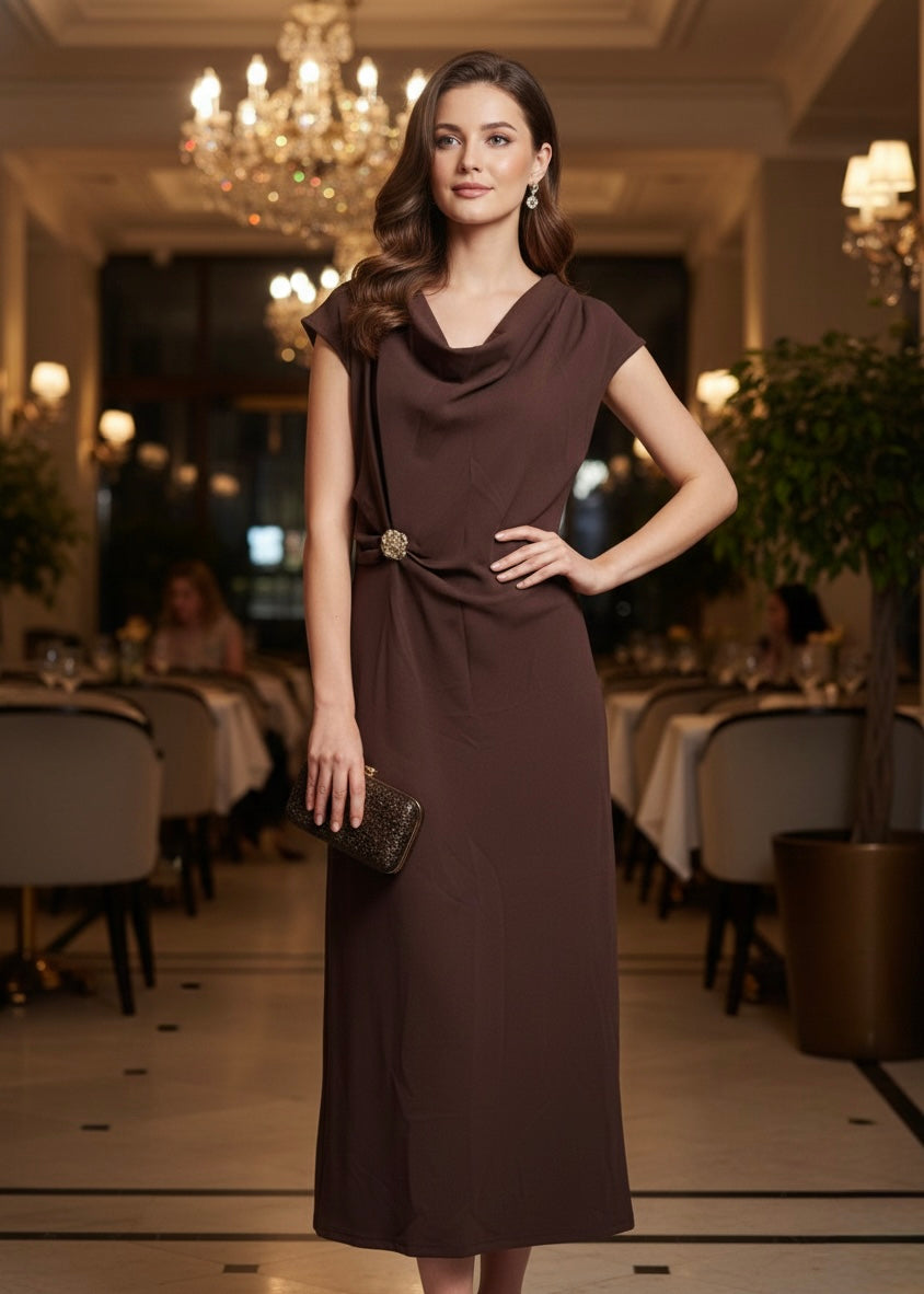 Elegant Cowl Neck Dress with Side Ruched