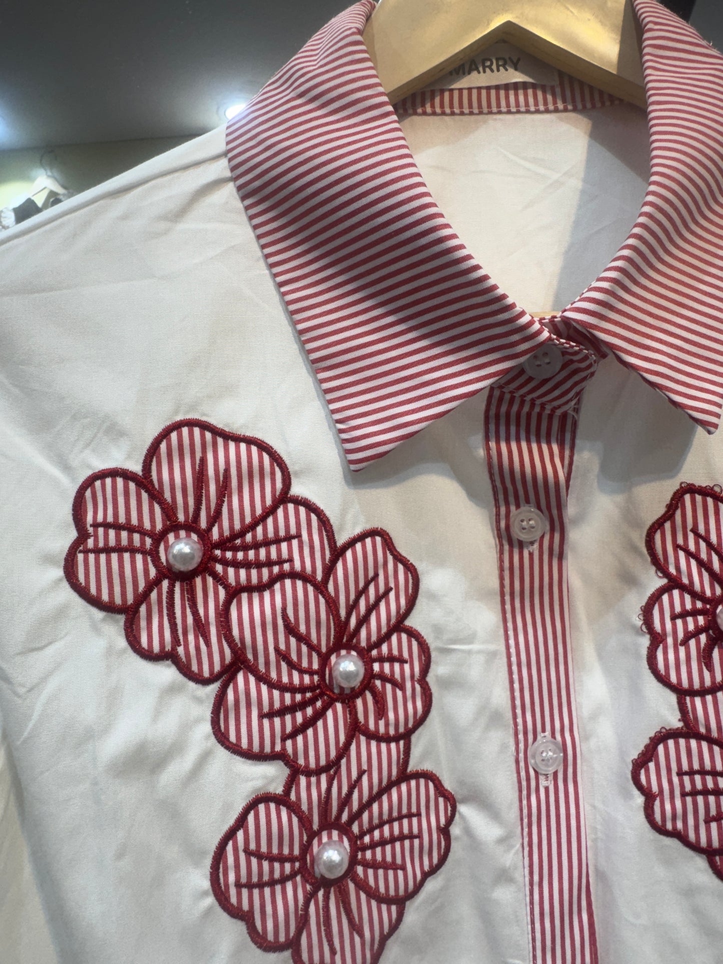 White Shirt With Stripes, Floral Embroidery & Pearl Work