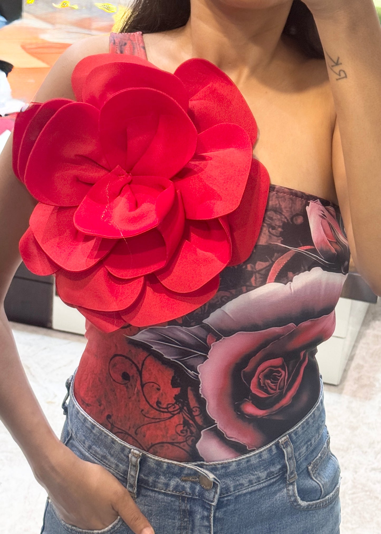 One Shoulder Printed Bodysuit Top with Flower
