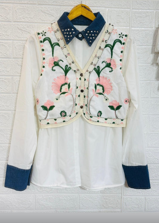 Plain Shirt with Studded Collar & Waist Coat (Peach)
