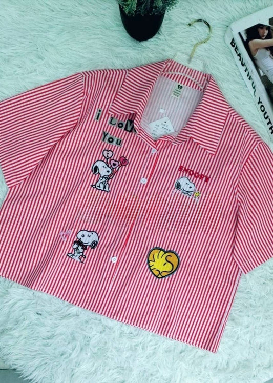 Striped Crop Shirt with Cartoon Design