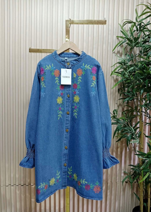 Denim Dress with Floral Embroidery