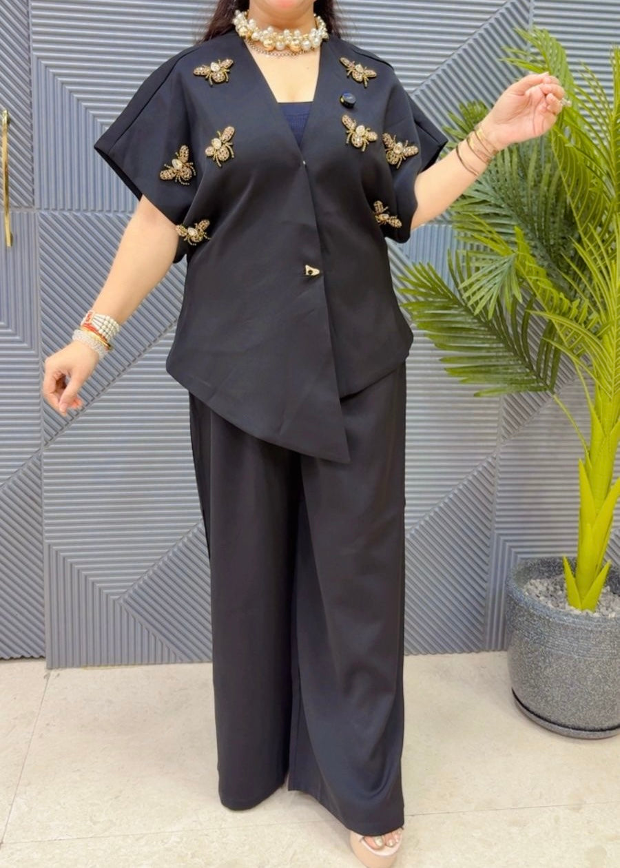 2 Pc Set - Embellished Blazer Top with Trouser Pant