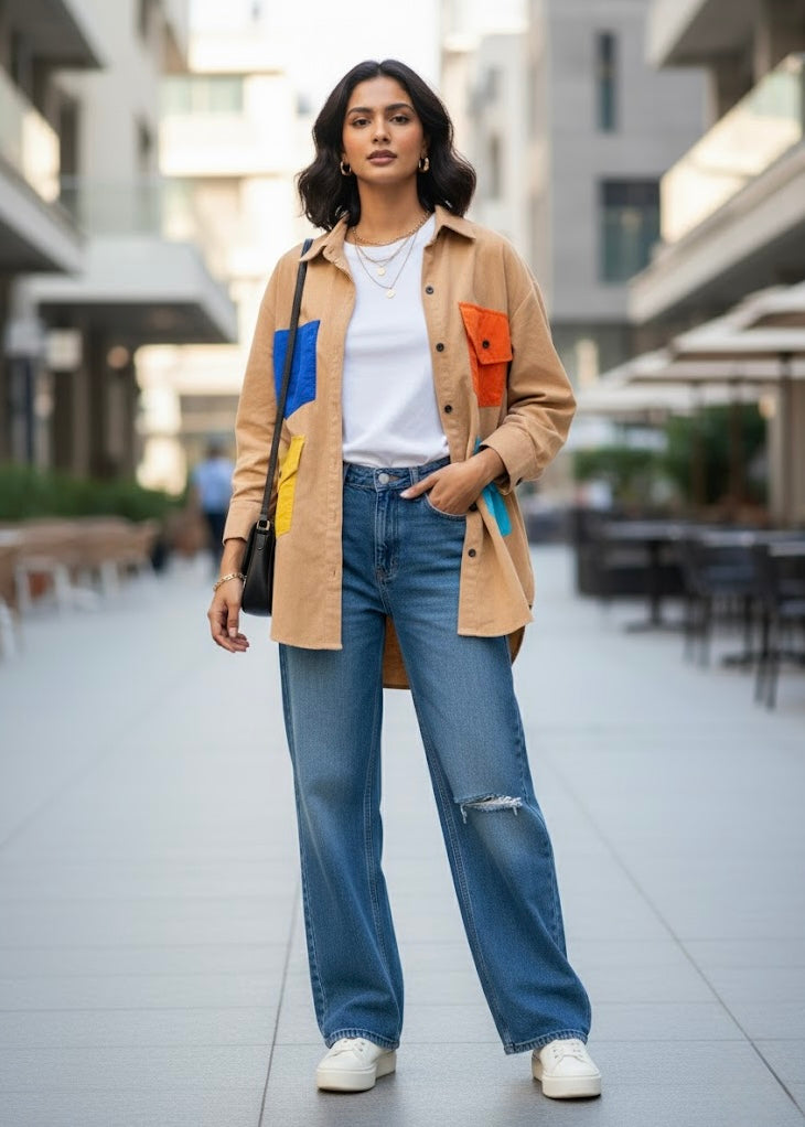 Oversized Denim Shirt with Colorful Pockets