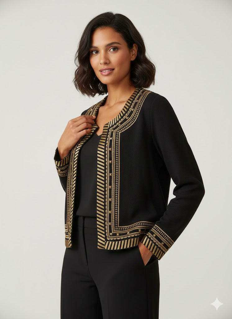 Black Open Jacket with Cutdana Embroidery