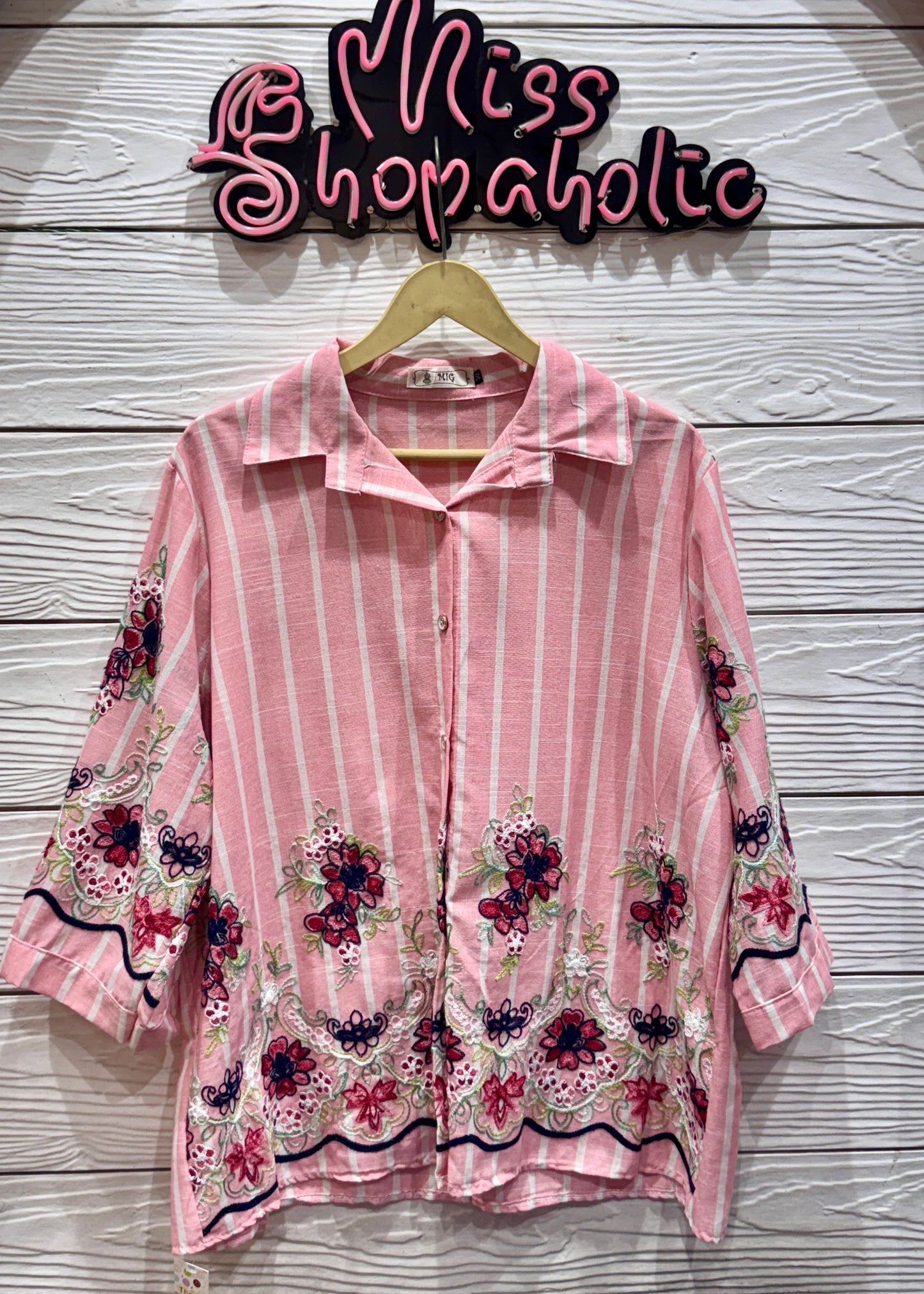Striped Shirt with Floral Embroidery