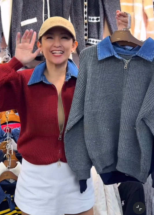 Sweater top cum Jacket with Denim Collar