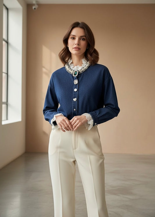 Denim Shirt with Lace, Pearl & Stone Work