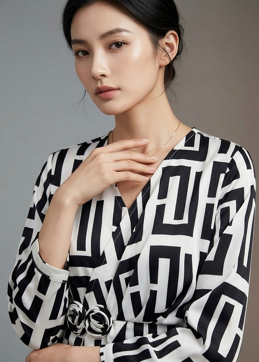 Black n White Printed Top with Rose Detailing