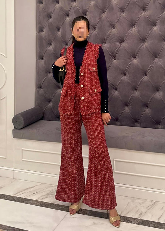 3 Pc Set - High Neck Top, Tweed Blazer and Flare Pant.