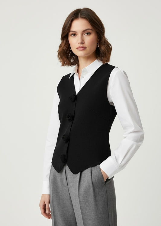 Solid Waist Coat with 3D Rose Buttons