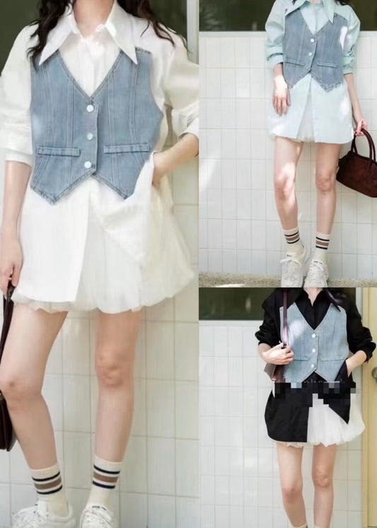 Cotton Shirt with Attached Denim Waist Coat