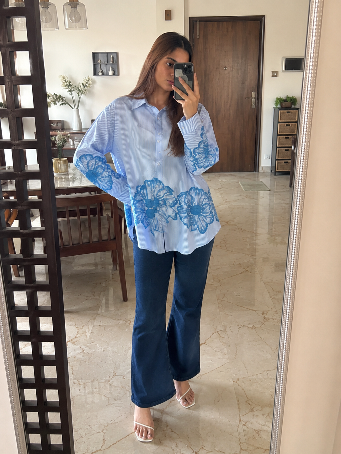 Oversized Striped Shirt with Floral Embroidery