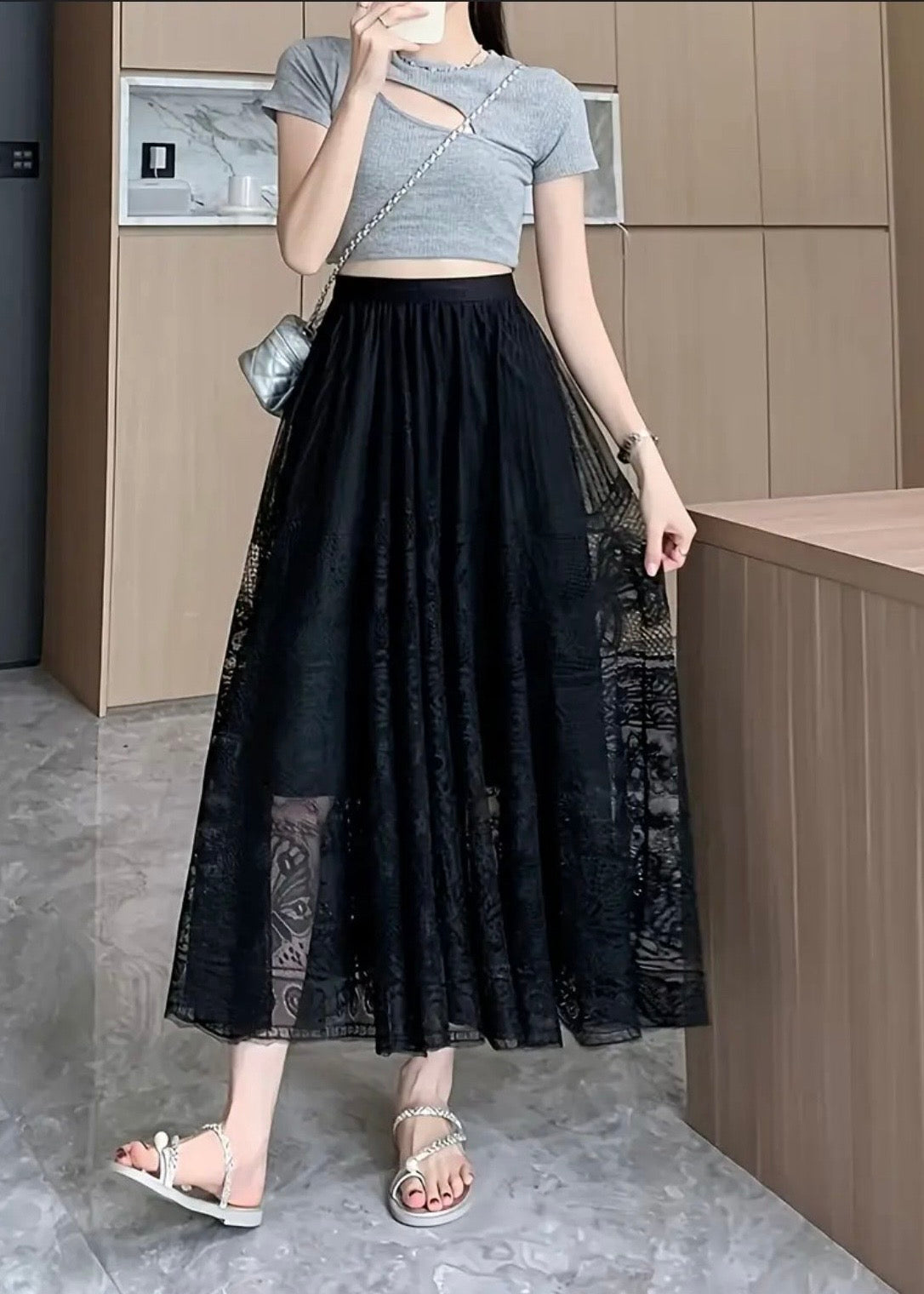 Long Flare Net Skirt