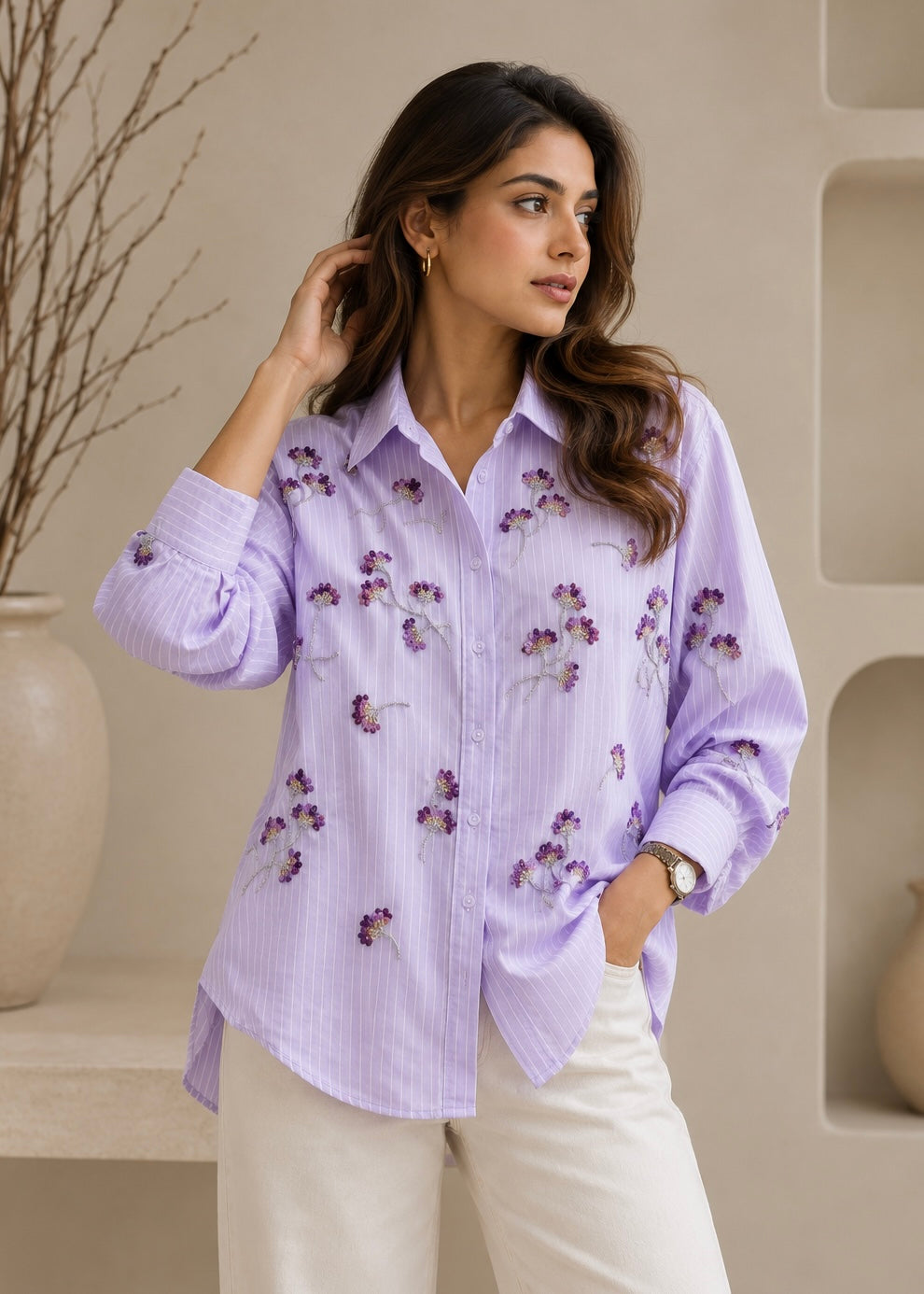 Pinstriped Shirt with Sequin Floral Embroidery