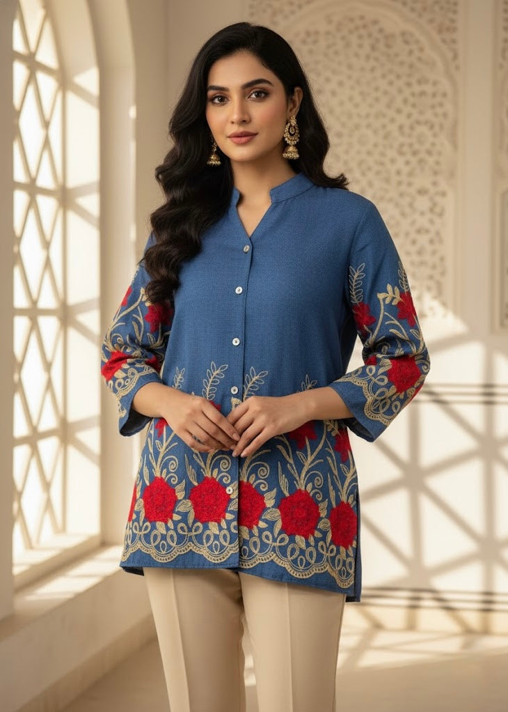 Light Denim Shirt with Floral Embroidery