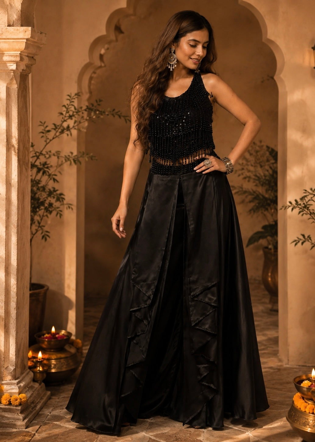 Black Beaded Fringe Blouse with Satin Pleated Skirt Set