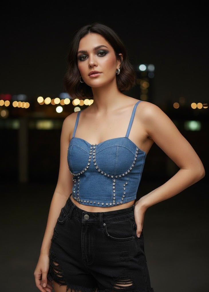 Stone Studded Light Denim Bralette