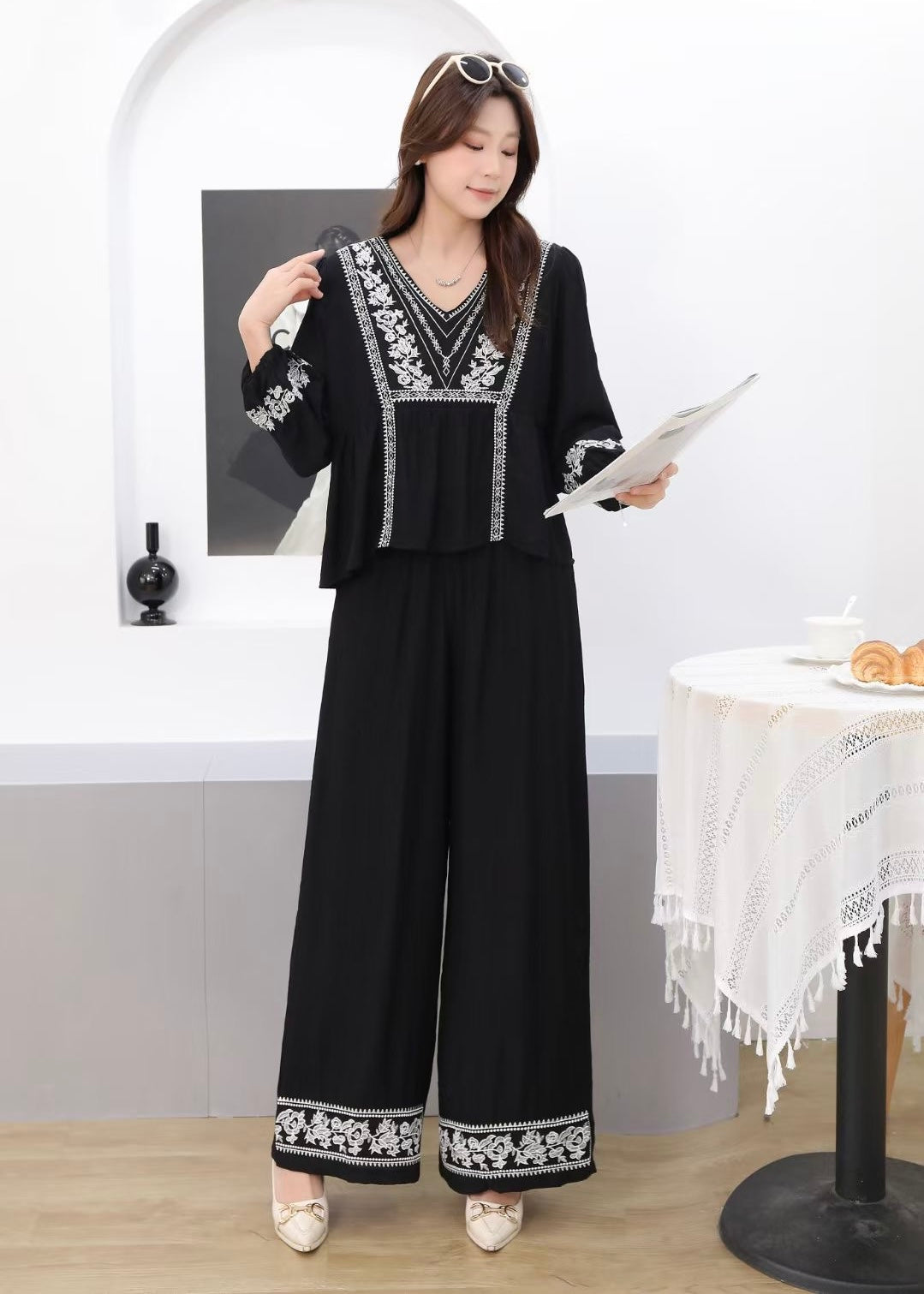 2 Pc Set - Oversized V-Neck Embroidered Top & Pant