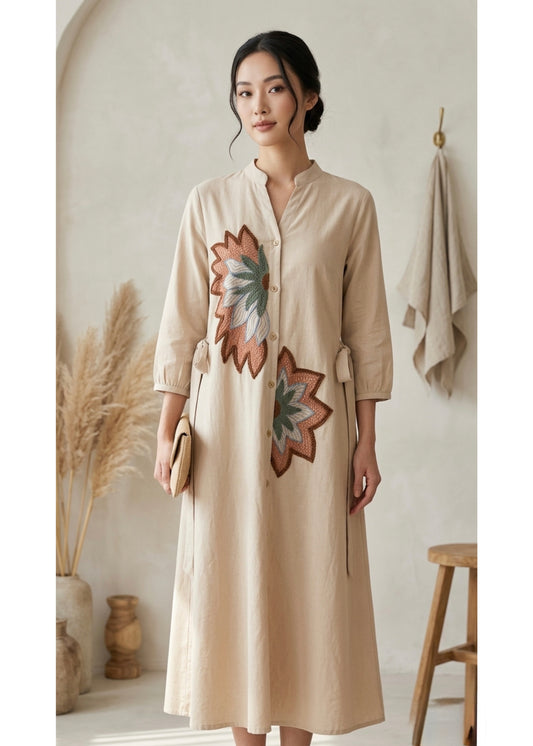 Embroidered Cotton Linen Shirt Dress with Belt