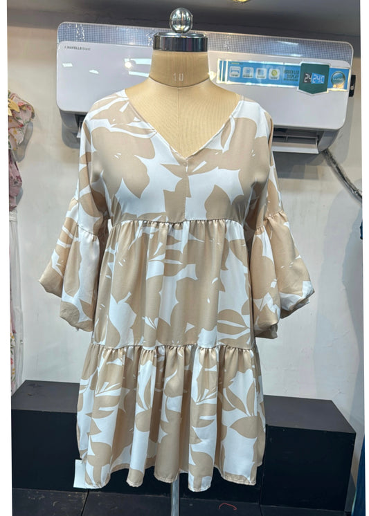 Cute Printed Fit & Flare Dress (Beige)