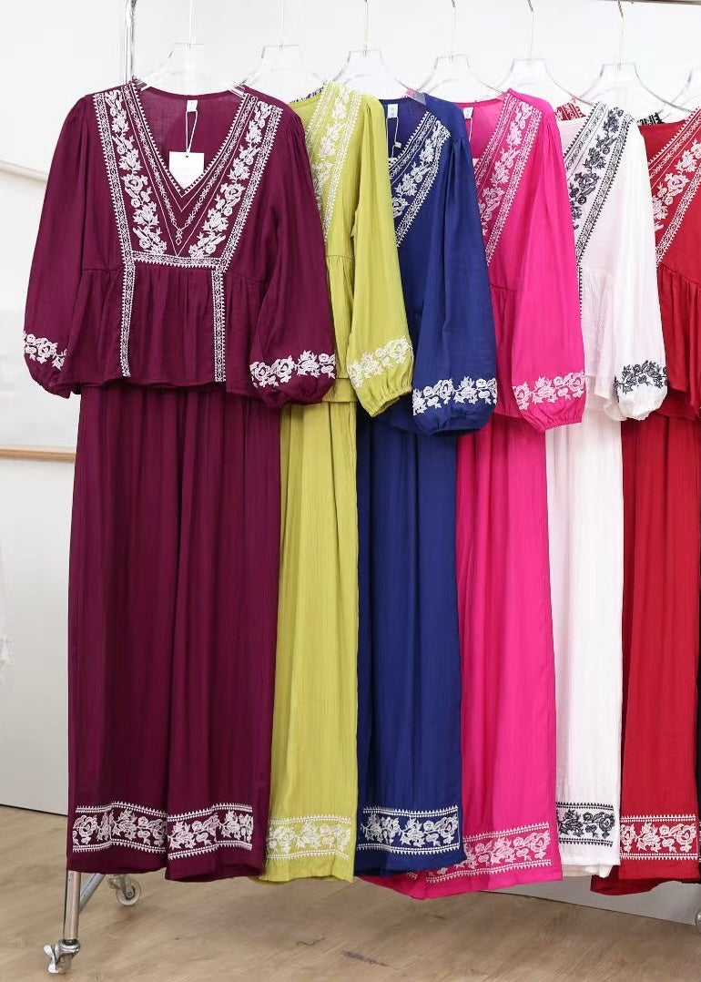 2 Pc Set - Oversized V-Neck Embroidered Top & Pant