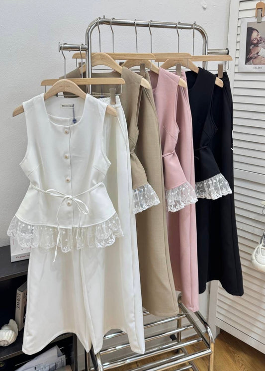 3 Pc Set - Shirt with Lace Hemline, Pants and Belt.