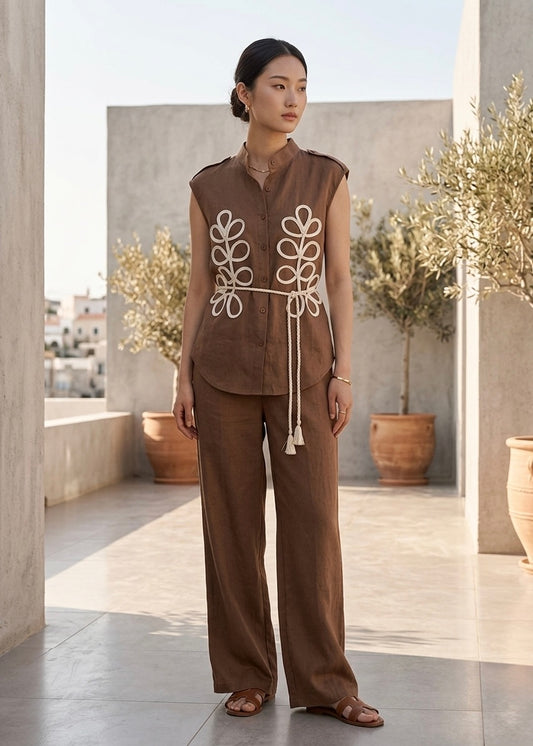 2Pc Set - Cotton Shirt with Embroidery, Pant & Belt
