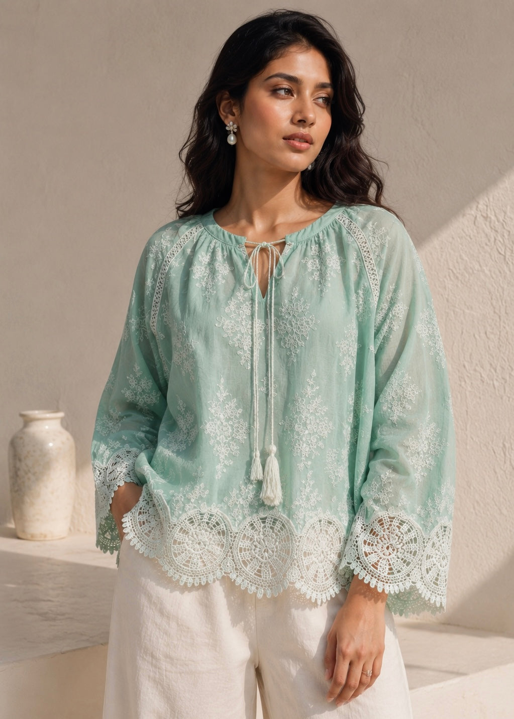 Embroidered Cotton Top with Tassel Tie Neckline