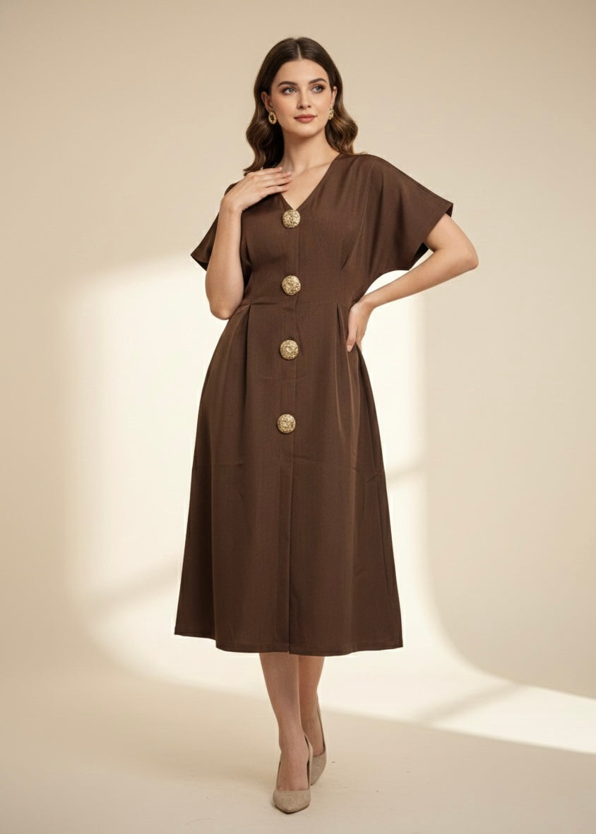 Classy Brown Dress with Metal Buttons