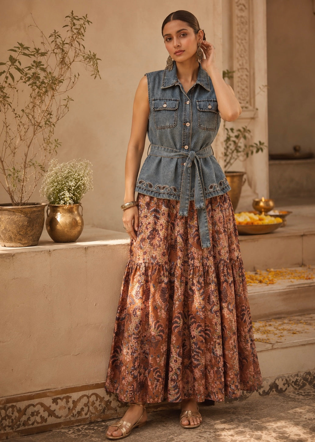 Denim Embroidered Shirt with Printed Tiered Skirt Set