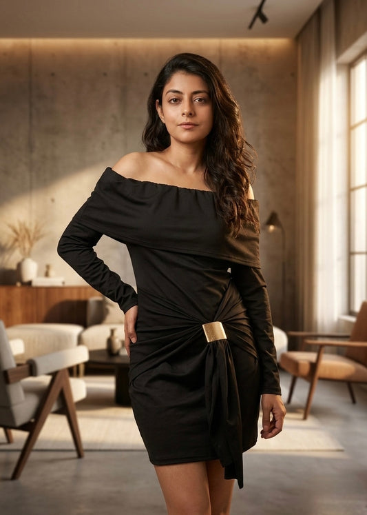 Off Shoulder Bodycon Dress with Side Metal Detailing