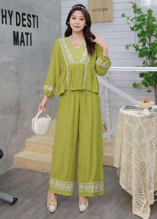 2 Pc Set - Oversized V-Neck Embroidered Top & Pant
