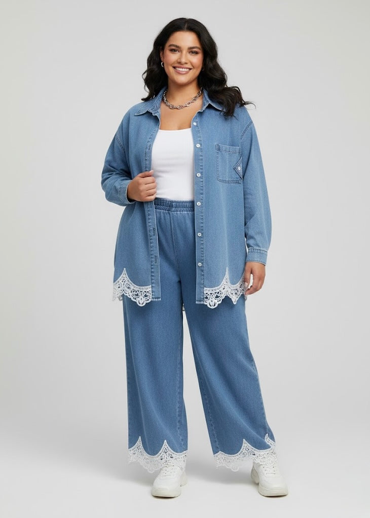2 Pc Set - Plus Size Denim Shirt and Pant with Lace Detailing