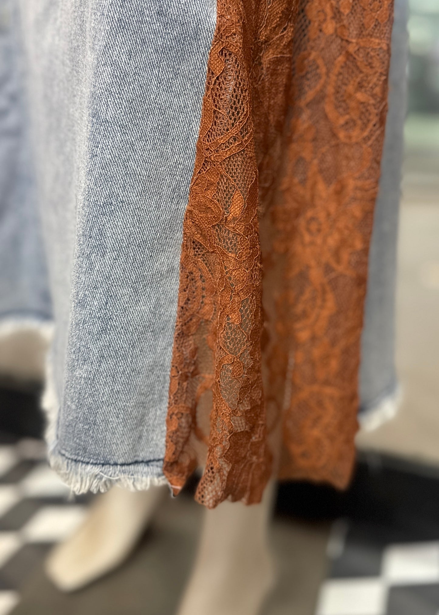 2 Pc Set - Denim Top and Skirt with Lace Detailing